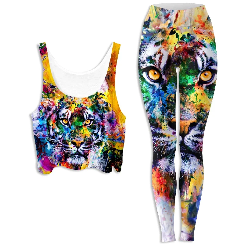 Tiger Crop Top and Leggings Combo Zippered Front Buttoned Front Snap Front