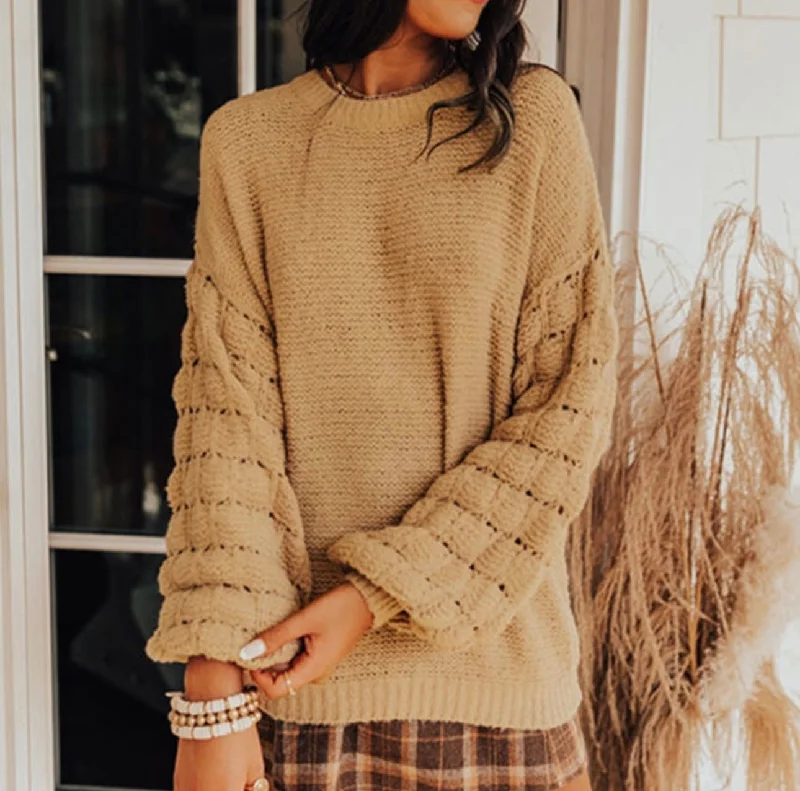 Khaki Long Sleeve Knit Sweater Oversized Loose Flowy