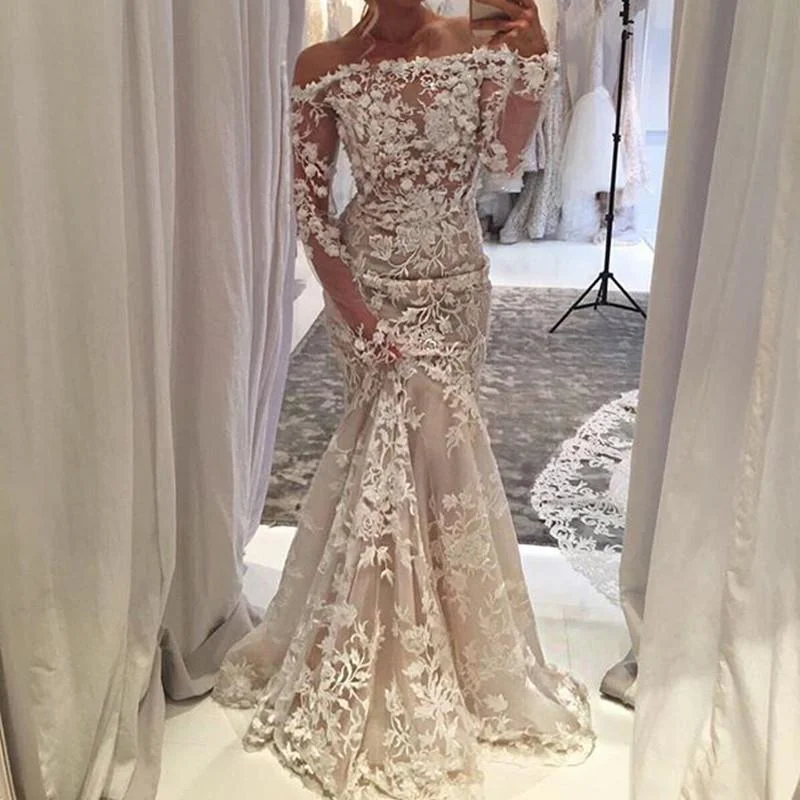 Off The Shoulder Long Sleeves Lace Mermaid Prom Dresses 2018 Tunics Fall fleece
