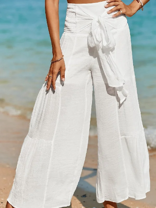 Bohemian White Smocked High Rise Wide Leg Trousers Trousers Low Rise Relaxed