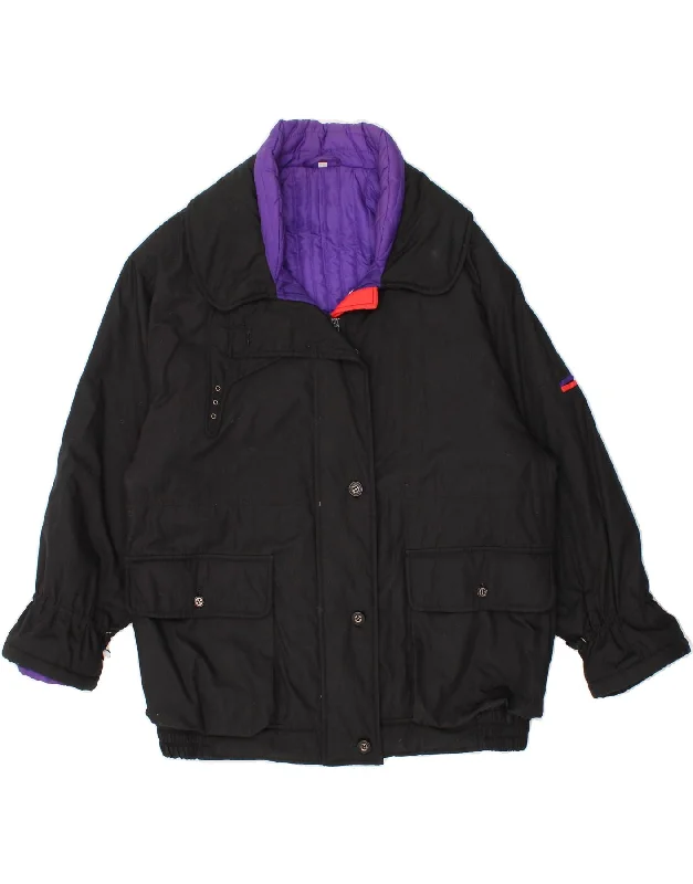 VINTAGE Womens Oversized Windbreaker Jacket EU 46 XL Black Polyester Wool Fabric Cashmere Fabric Tweed Fabric VINTAGE Womens Oversized Windbreaker Jacket EU 46 XL Black Polyester Wool Fabric Cashmere Fabric Tweed Fabric