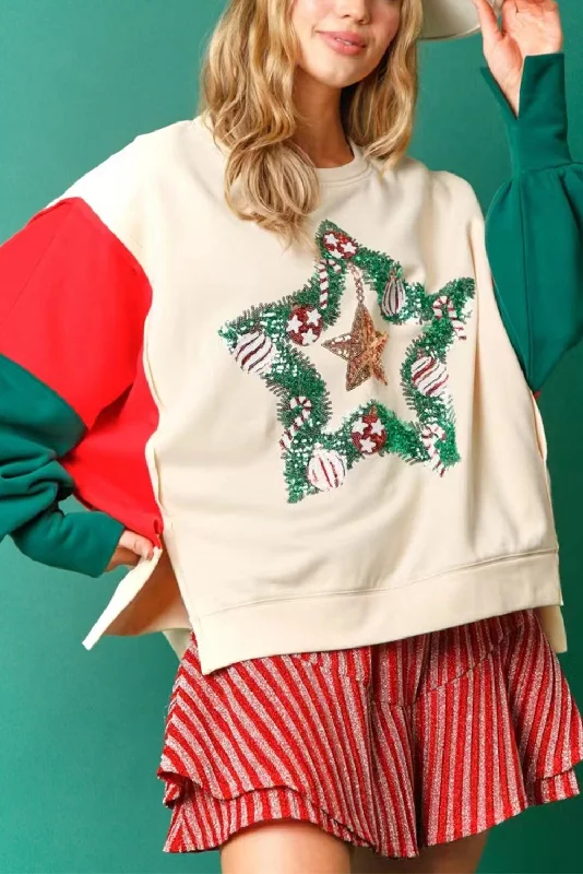 Apricot Christmas Tinsel Star Side Slits Colorblock Sweatshirt Hoodie with Hem Embroidery Detailed Premium