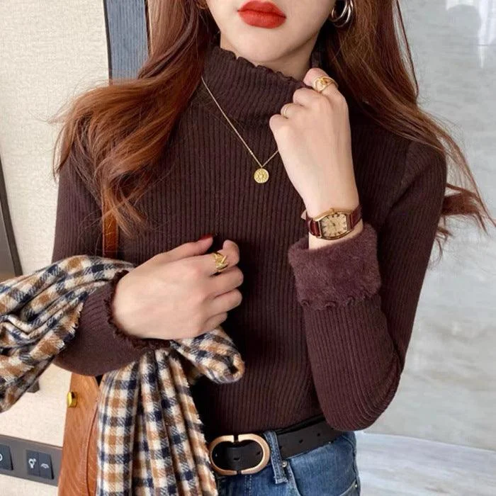 Women's Autumn And Winter Fleece-lined Mock Neck Sweater Knitwear Top Collared Crew Neck Turtle Neck Women's Autumn And Winter Fleece-lined Mock Neck Sweater Knitwear Top Collared Crew Neck Turtle Neck