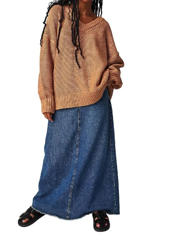 Alli V-Neck Sweater In Camel Chenille Brocade Lace