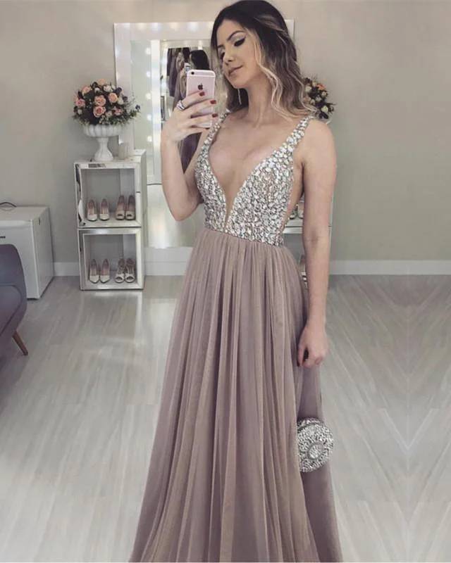 Long Tulle V-neck Prom Evening Dresses Crystal Beaded Tunics Leisure comfortable
