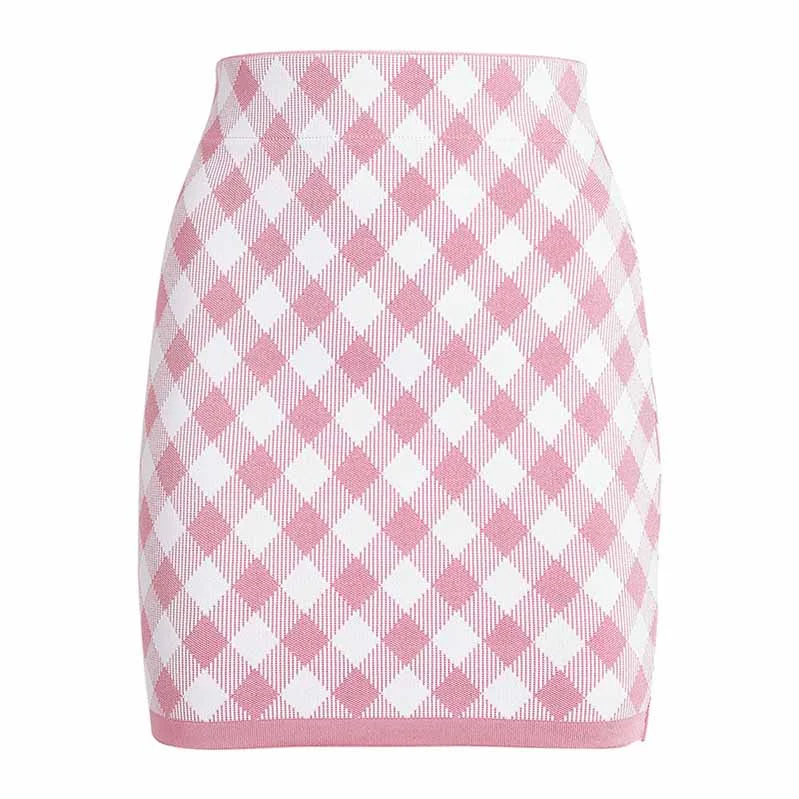 Women Pink Houndstooth Check Skirt Tweed Skirt Stretchy High Waisted Short Skirt cashmere skirt fine