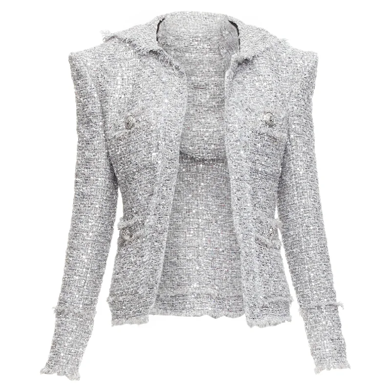 Balmain silver sequinned boucle tweed hooded power shoulder jacket Insulated Jacket Fitted Jacket Loose Jacket Balmain silver sequinned boucle tweed hooded power shoulder jacket Insulated Jacket Fitted Jacket Loose Jacket