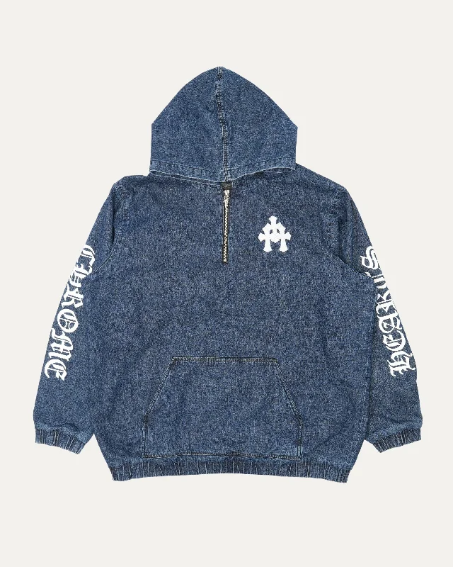 Ruckus Hooded Denim Cross Patch Jacket Zip Front Button Front Snap Front
