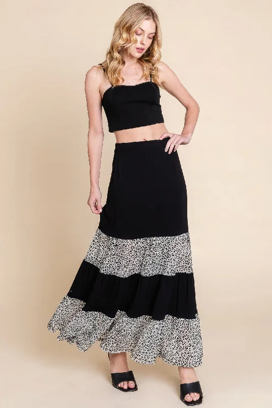 Long Tiered Contrast Fashion Skirt With Velvet Animal Print Mesh leather skirt refined