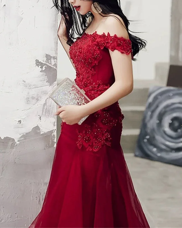 Off Shoulder Tulle Mermaid Evening Dresses Lace Beaded Prom Gown Tunics Formal black