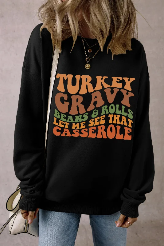 Black Thanksgiving Slogan Print Drop Shoulder Sweatshirt Hoodie with Button Classic Timeless Black Thanksgiving Slogan Print Drop Shoulder Sweatshirt Hoodie with Button Classic Timeless