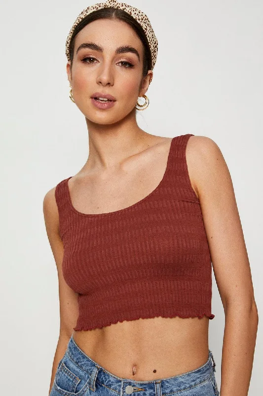 Brown Crop Top Seamless Ribbed Striped Patterned