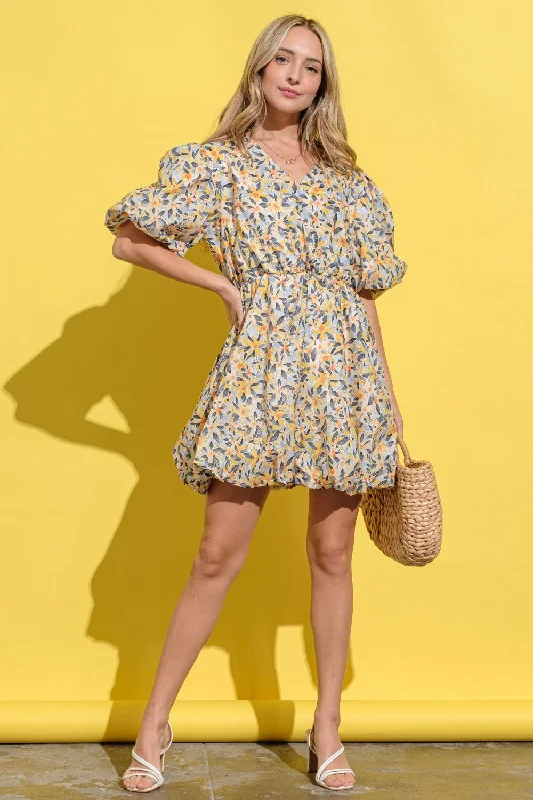 And The Why Floral Surplice Puff Sleeve Dress Crew Neckline Casual