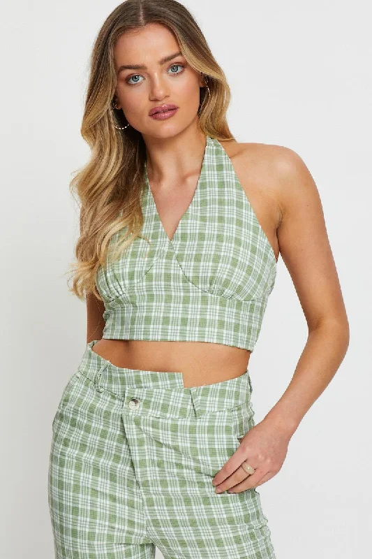 Check Crop Top Sleeveless Halter Notch Collar Peter Pan Collar Cowl Neck
