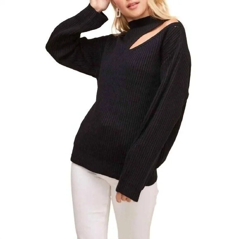 Neck Cutout Ribbed Knit Mock Neck Sweater In Black Slim Fit Regular Fit Oversized