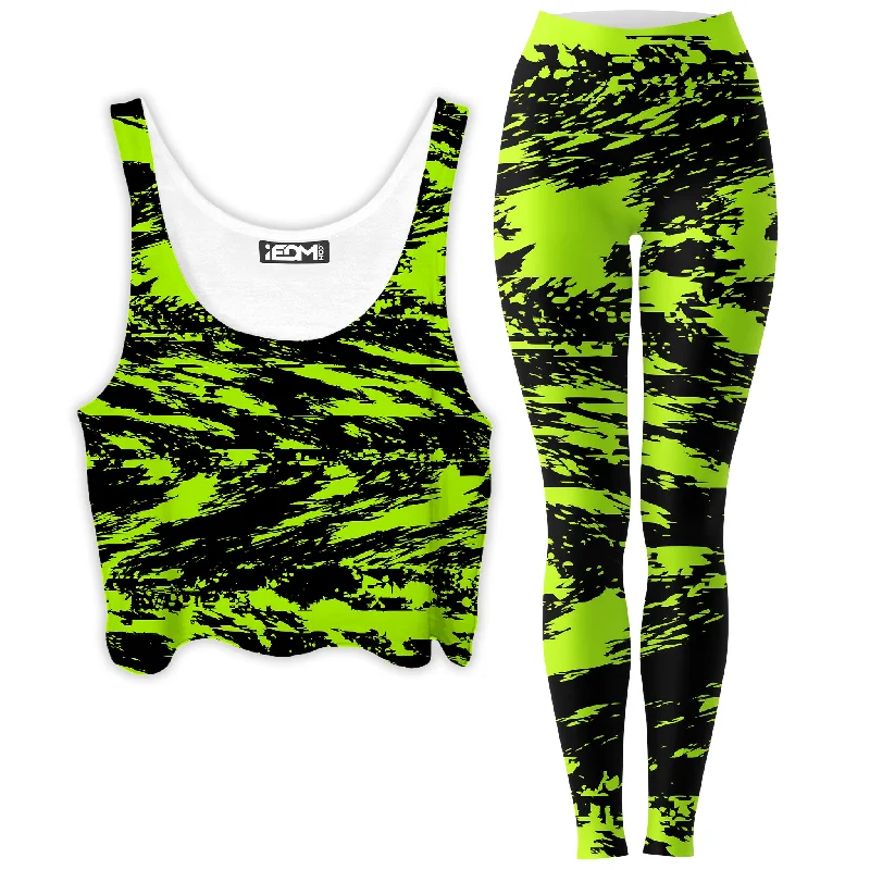 Black Lime Bolt Glitch Crop Top and Leggings Combo Handmade Hand-knitted Hand-woven