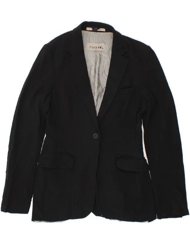 JIGSAW Womens 1 Button Blazer Jacket UK 10 Small Black Wool A-Line Jacket Boat Neck Shawl Collar