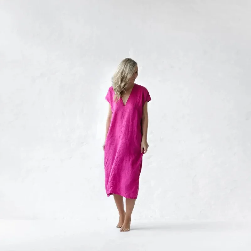 Neon Pink Linen V neck dress by Seaside Tones Boat Neckline Classic