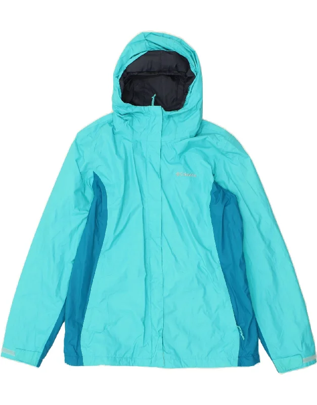 COLUMBIA Womens Hooded Rain Jacket UK 18 XL Turquoise Colourblock Nylon Collared Jacket Crew Neck Jacket Turtle Neck Jacket