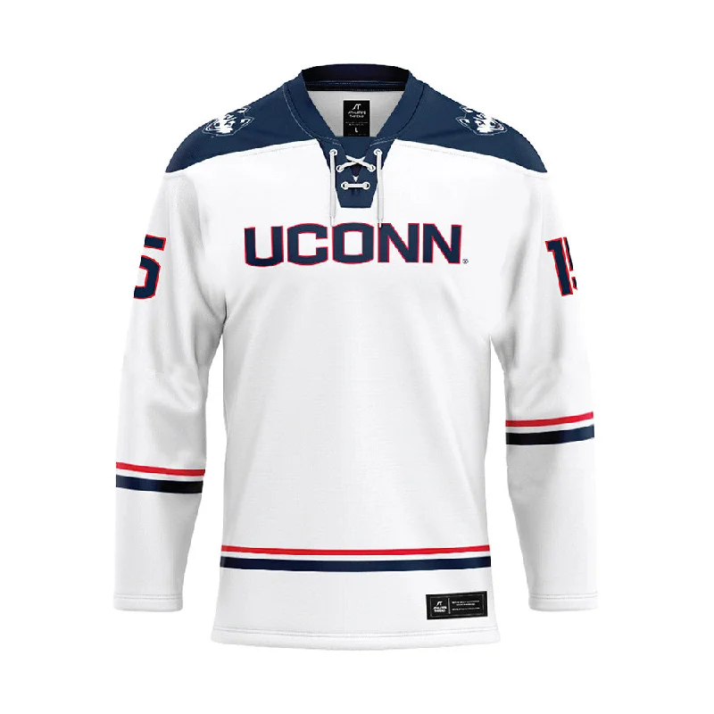 UConn - NCAA Women's Ice Hockey : Meghane Duchesne Chalifoux - White Hockey Jersey Designer Jersey Tee UConn - NCAA Women's Ice Hockey : Meghane Duchesne Chalifoux - White Hockey Jersey Designer Jersey Tee