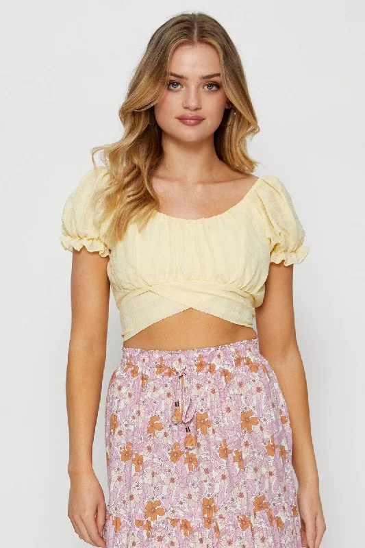 Yellow Crop Top Short Sleeve Tie Up Solid Color Striped Floral