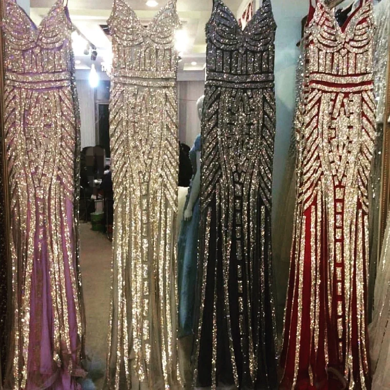 unique Golden Stripe Beading V Neck Long Mermaid Prom Evening Dresses Off-the-shoulder Chic Trendy