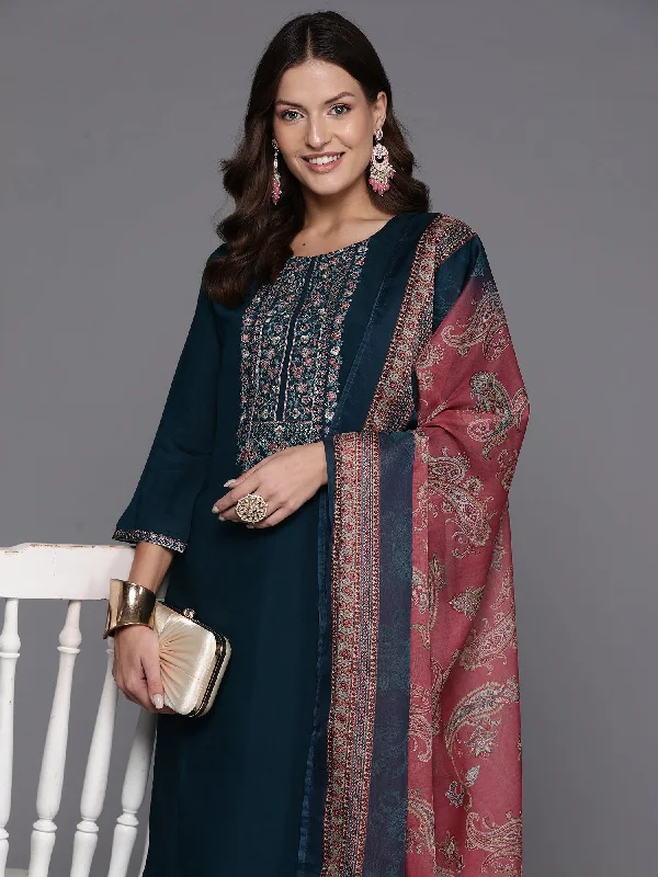 Women's Teal Embroidered Straight Kurta Trousers With Dupatta Set - Indo Era Trousers Elastic Waist Soft Women's Teal Embroidered Straight Kurta Trousers With Dupatta Set - Indo Era Trousers Elastic Waist Soft