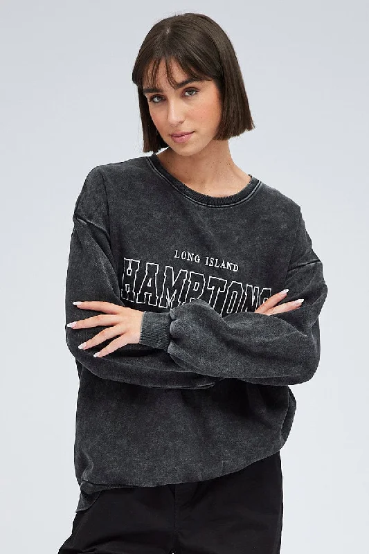 Grey Graphic Sweater Long Sleeve Real Fur Shearling Chenille