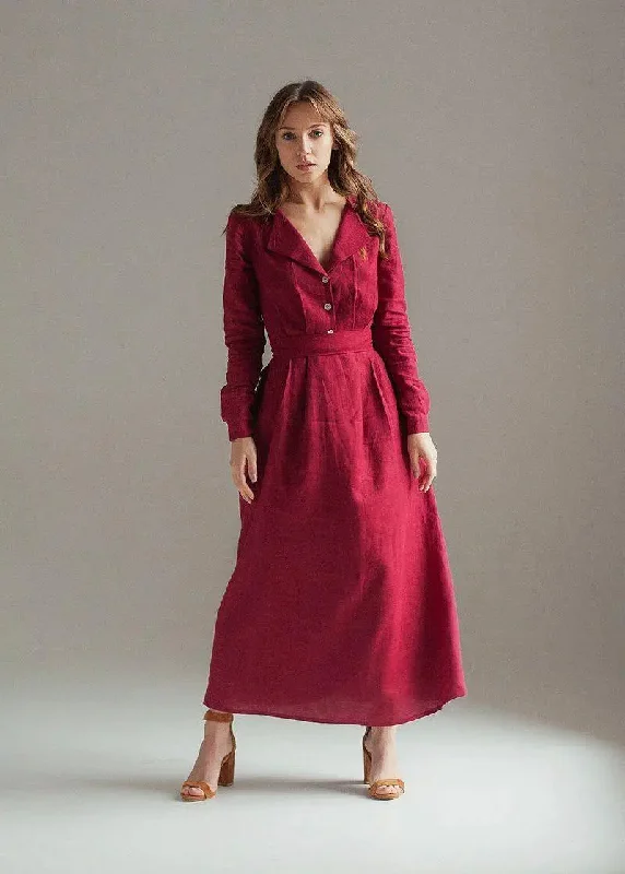 Burgundy Maxi Linen Dress Janet Tunics Stylish elegant