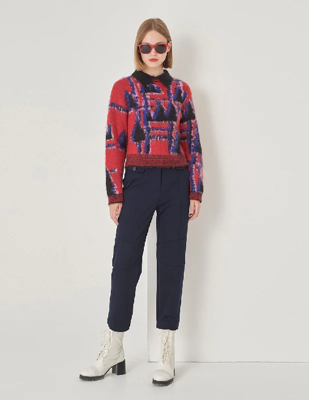 MARYLING Lapel Red And Blue Puzzle Knit Sweater Solid Color Striped Floral Print