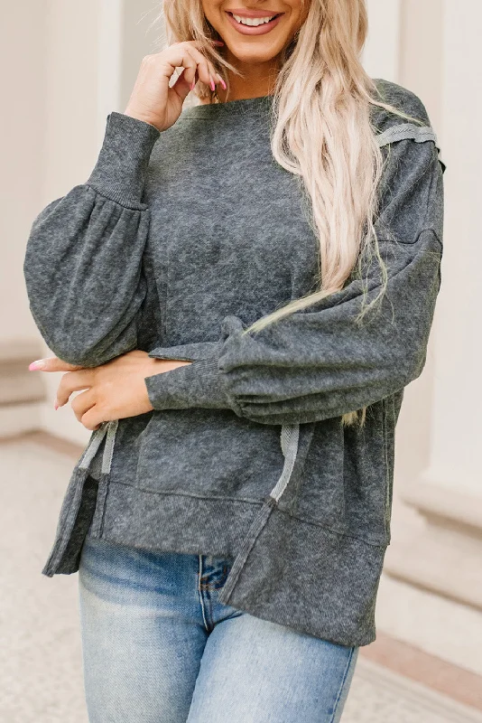 Melody Acid Wash Round Neck Seam Detail Slit Sweatshirt Hoodie with Bell Sleeves Flared Feminine