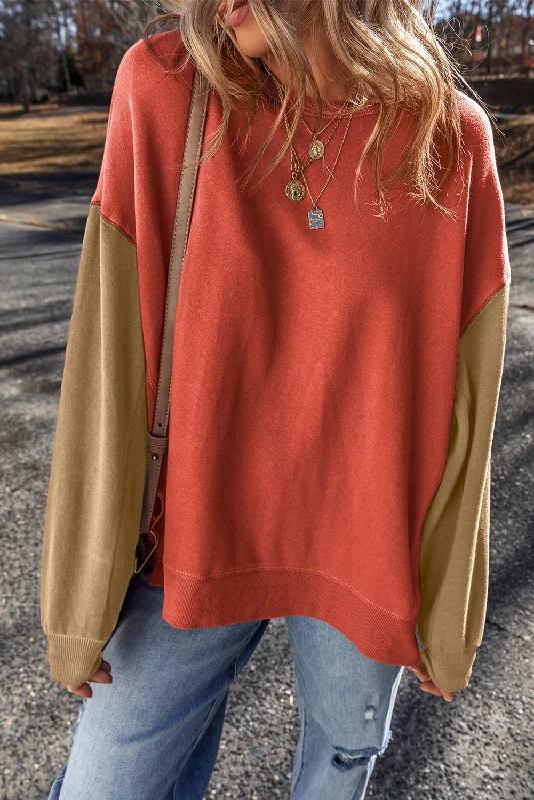 Gold Flame Two Tone Patchwork Drop Shoulder Pullover Sweatshirt Hoodie with Mock Neck Collared Structured