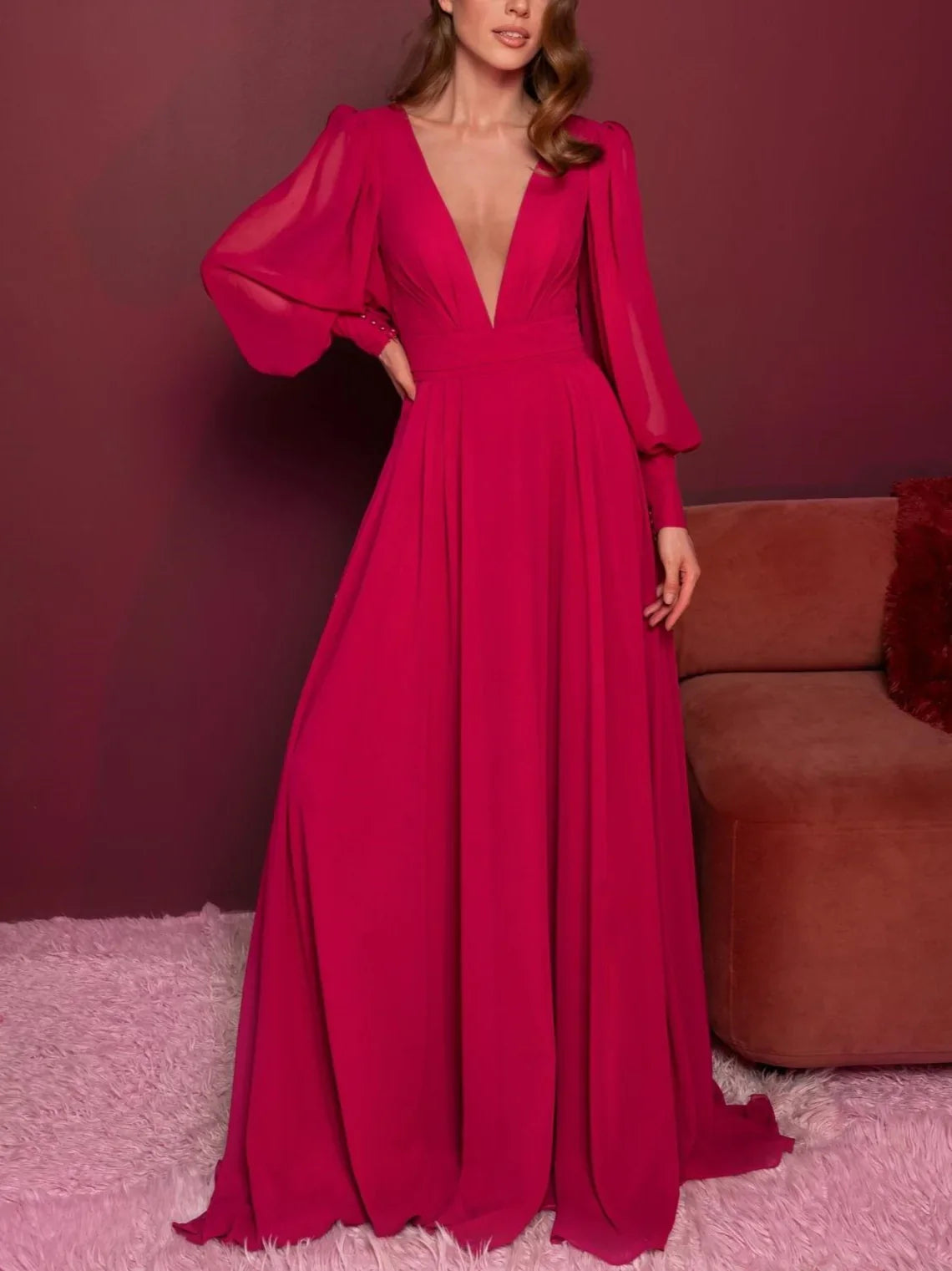 A-line/Princess V-neck Long sleeved Ruffle Edge Floor Mop Evening Dress Tunics Review highly