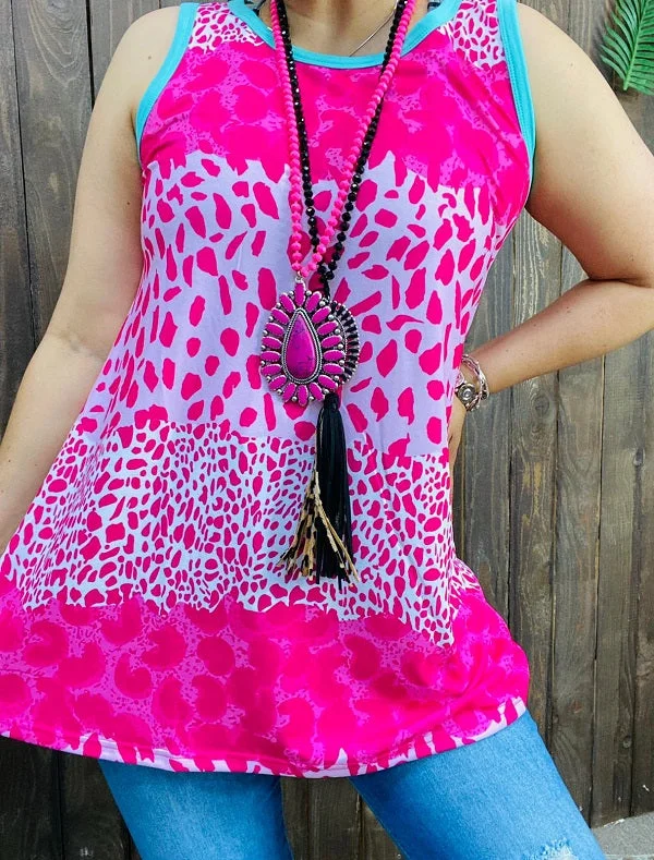 Fuchsia leopard printed turquoise v-neckline&armhole line tank top for women XCH14851 crew neck tank