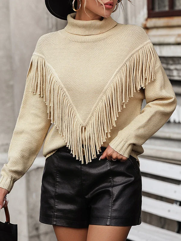 Women's Loose Fringed Sweater Knit Turtleneck Sweater Bright Pastel Dark