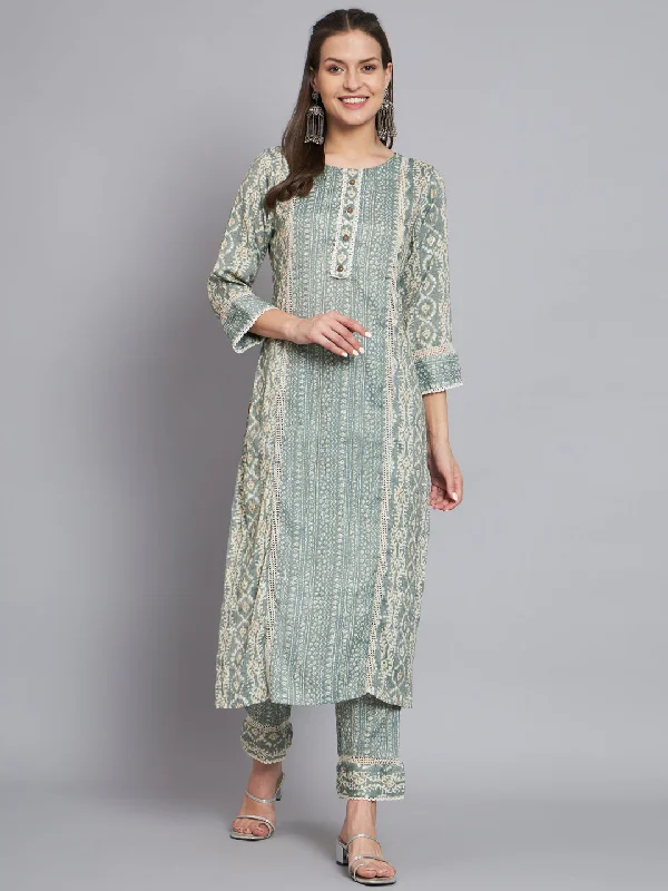 Women's Green Printed Kurta With Trouser Set - Mesmora Fashion Trousers New Arrival