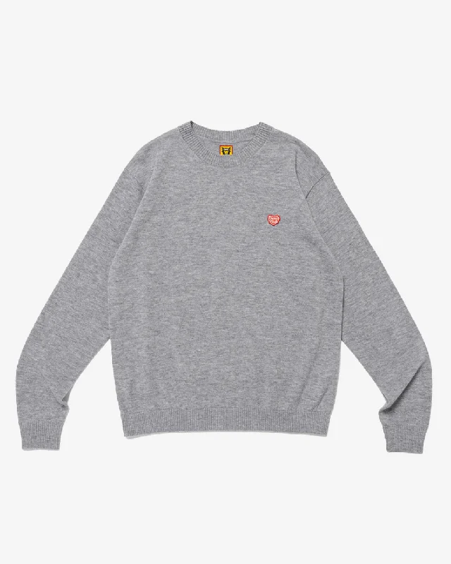 Heart Badge Knit Sweater Gray Striped Floral Plaid