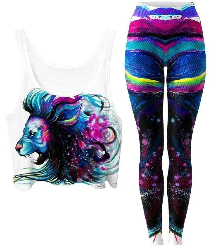 Lion Color Crop Top and Leggings Combo Notch Collar Peter Pan Collar Cowl Neck