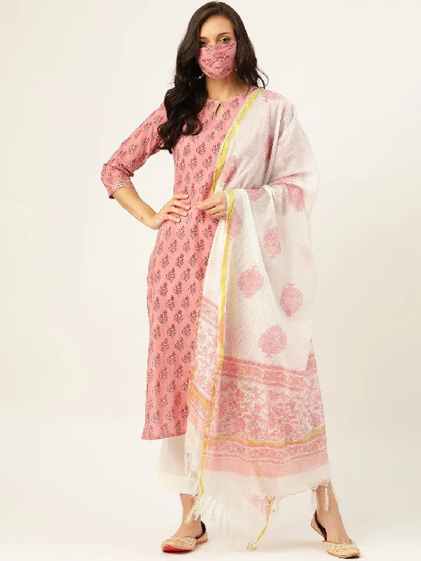 Women's Pink Printed Kurta With Dupatta & Trouser - Maaesa Trousers Seasonal Trendy