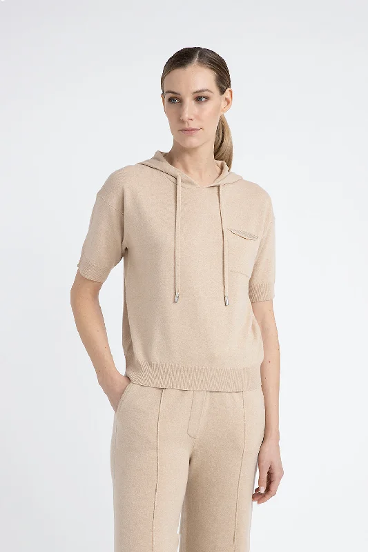 Short-sleeved hooded sweater in a wool, silk and cashmere blend Solid Color Striped Floral Print