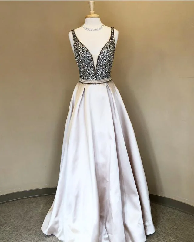 Sparkle Sequin Beaded V-neck Long Satin Prom Dresses 2018 Tunics Vintage classic