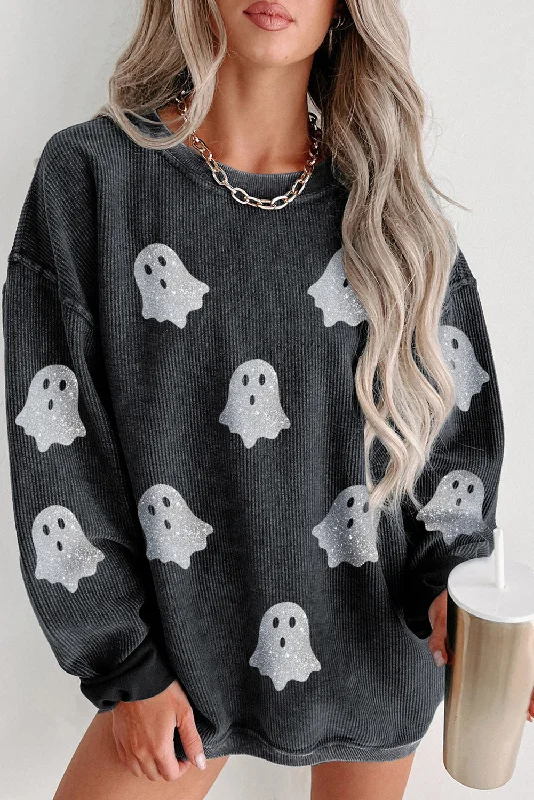 Black Halloween Ghost Corded Crew Neck Loose Sweatshirt Hoodie with Hem Raw Edge Edgy Unfinished