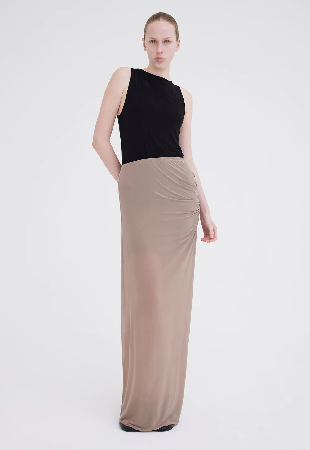 Slink Italian Jersey Skirt in Mushroom Neutral Warm Jersey Shirt