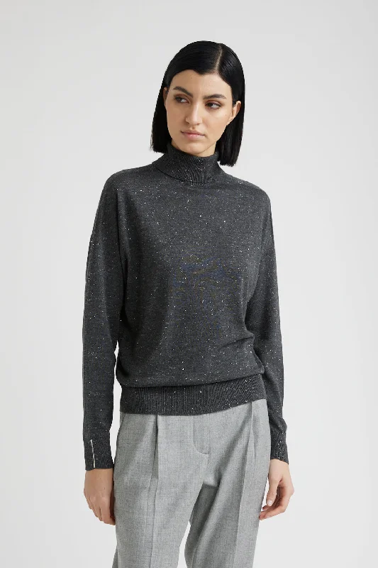 Wool, viscose and lurex high neck sweater Houndstooth Herringbone Solid