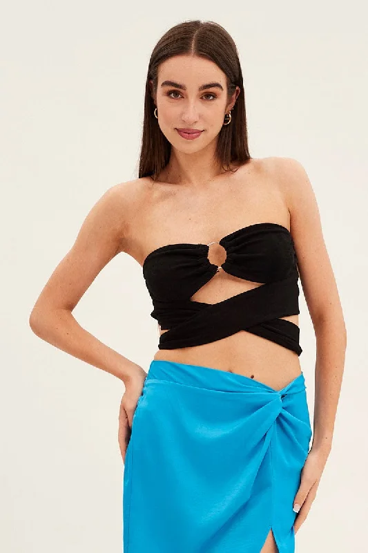 Black Ring Detail Strapless Crop Top Chenille Blend Fleece Blend Nylon Blend