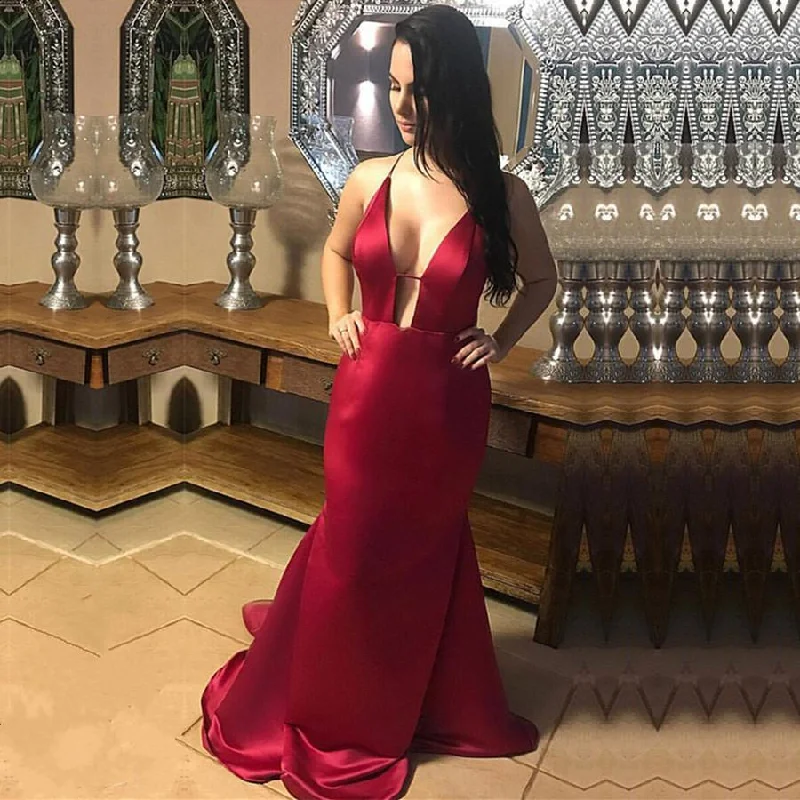 Plunge V-neck Long Satin Mermaid Prom Dresses Backless Evening Gowns Crew Neckline Sporty