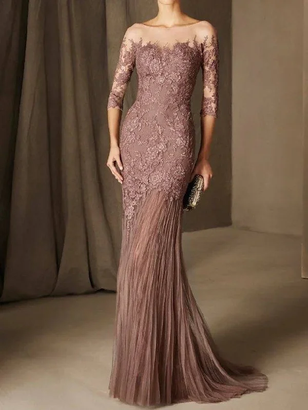 Mermaid / Trumpet Elegant Floral Engagement Formal Evening Dress Illusion Neck 3/4 Length Sleeve Sweep / Brush Train Chiffon with Lace Insert Tunics Fall fleece
