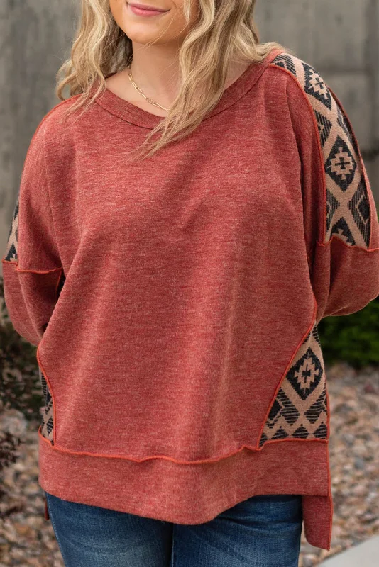 Redwood Burl Aztec Patchwork Drop Shoulder Plus Size High Low Sweatshirt Hoodie with Ribbed Cuffs Snug Fit Comfort