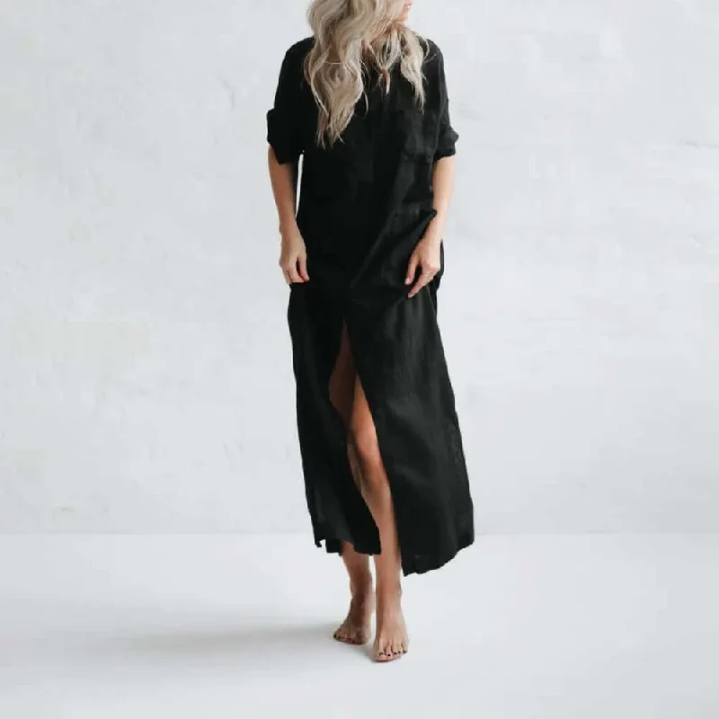 Black Maxi Linen Shirt-Dresses by Seaside Tones Tunics Trendy modern