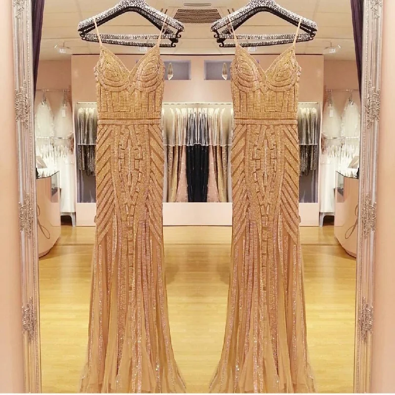 V Neck Long Tulle Mermaid Evening Dresses With Gold Beading Crew Neckline Sporty